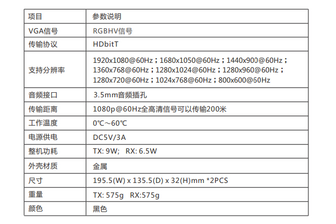 T801W-200 VGA無線延長傳輸器參數(shù)